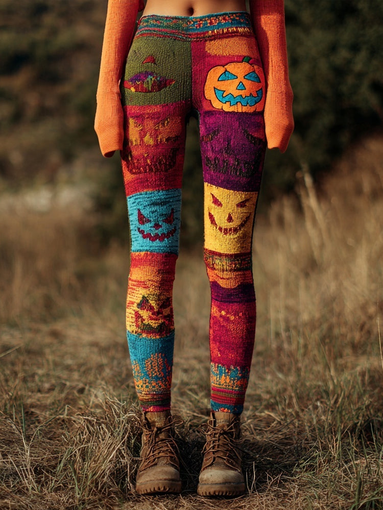 Halloween Spooky Pumpkin Face Colorblock Patchwork Knitted Leggings