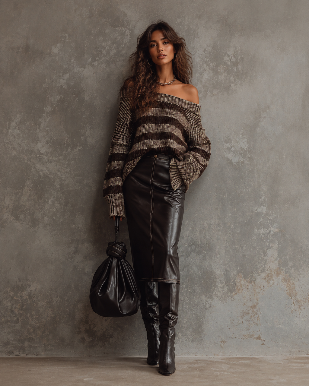 Retro color-blocking Off-Shoulder Striped Chunky Knit Sweater