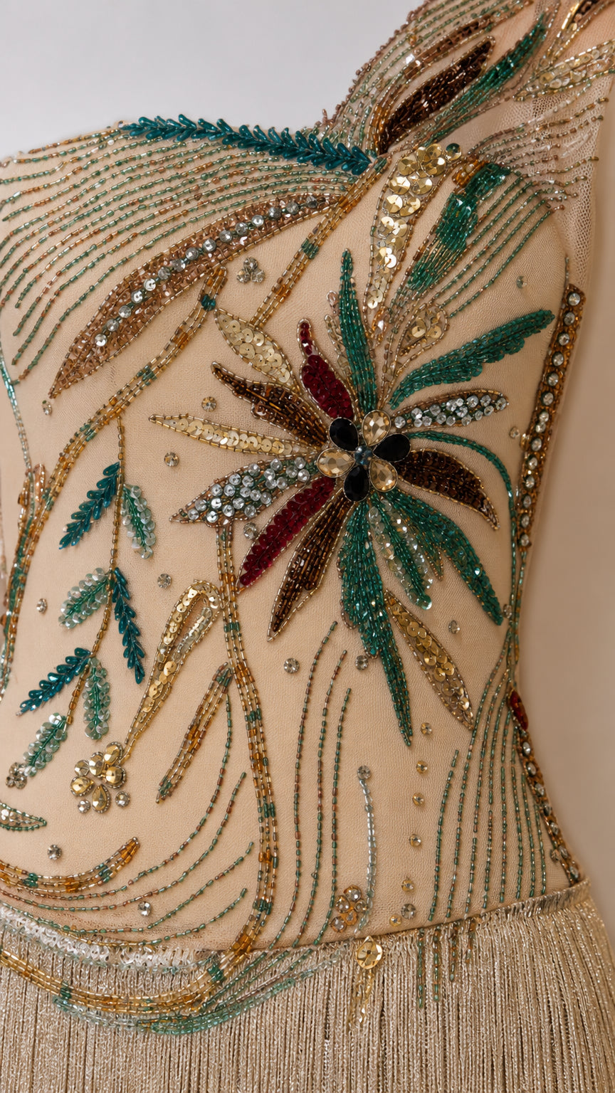 One-Shoulder Beaded Corset Fringe Maxi Evening Gown