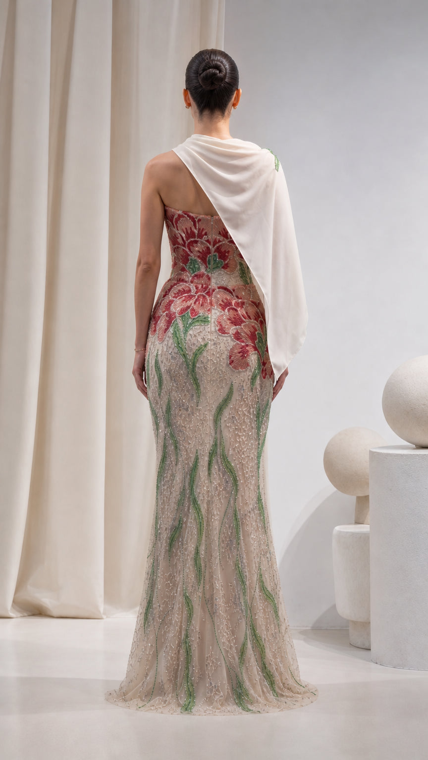 Floral Beaded Strapless Mermaid Evening Gown with Draped Cape