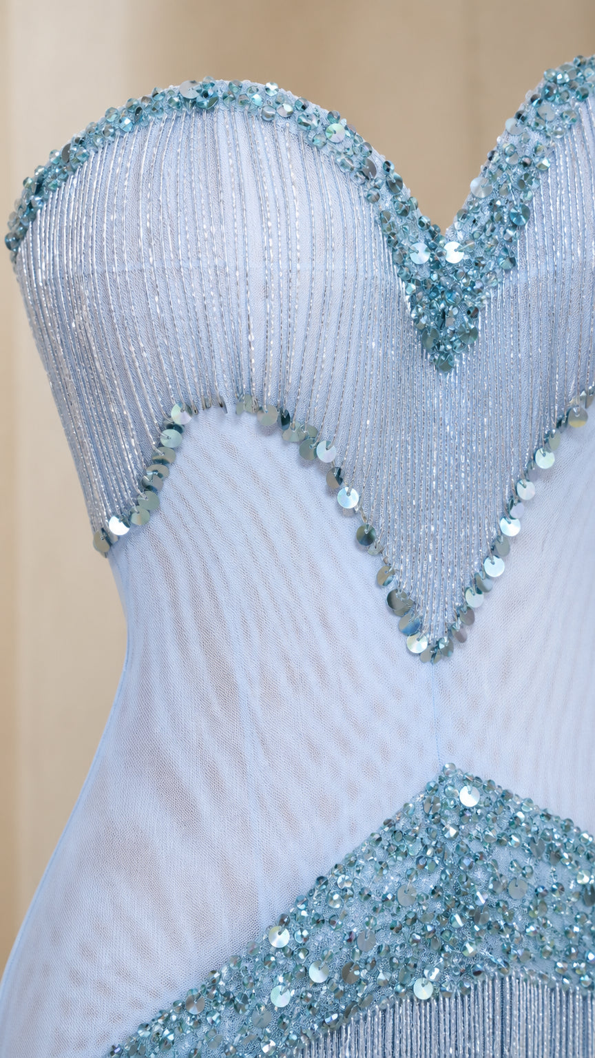 Strapless Tiered Fringe Evening Gown with Beaded Sweetheart Bodice