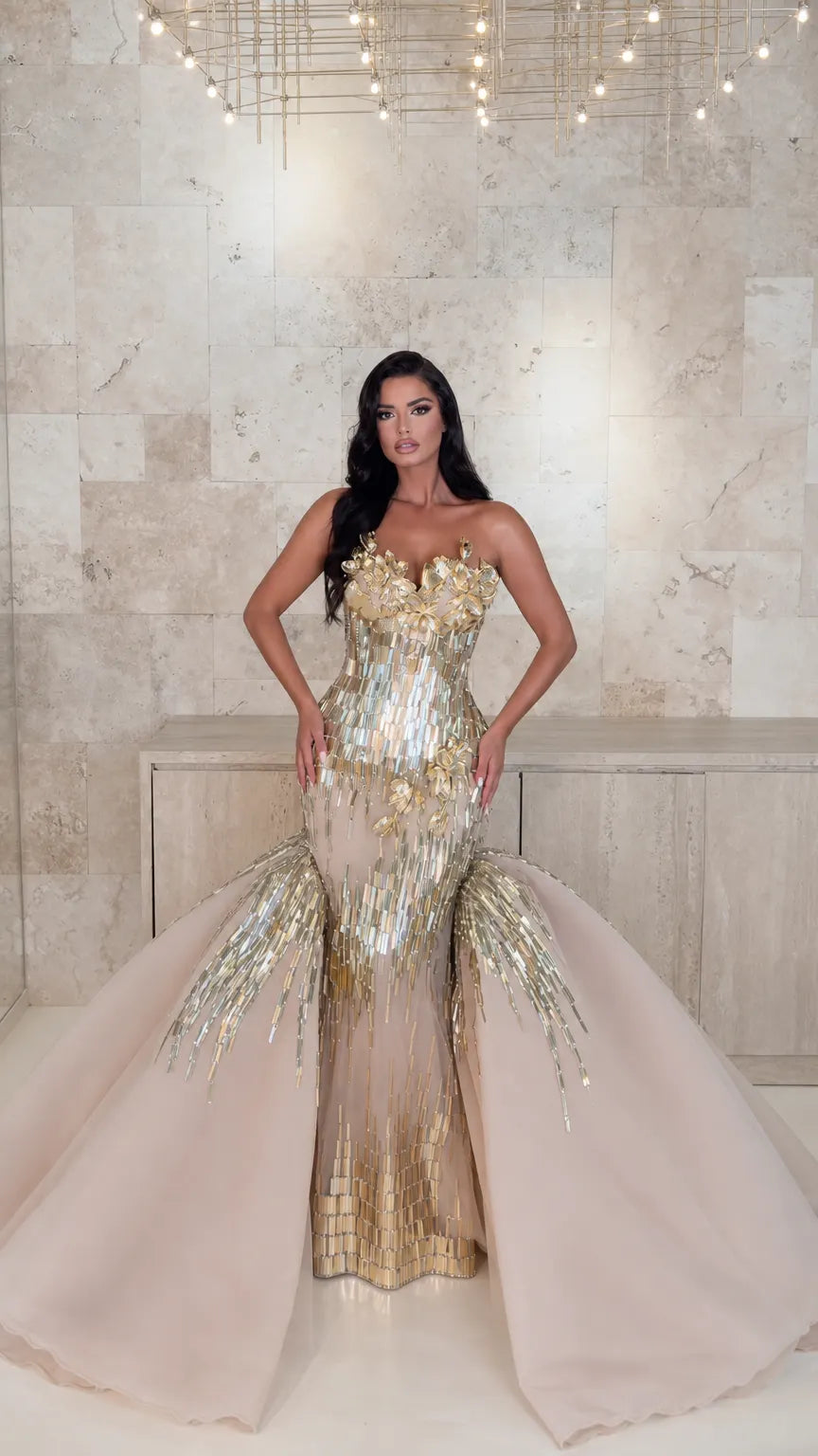 Strapless Beaded Mermaid Evening Gown with 3D Floral Accents and Dramatic Overskirt