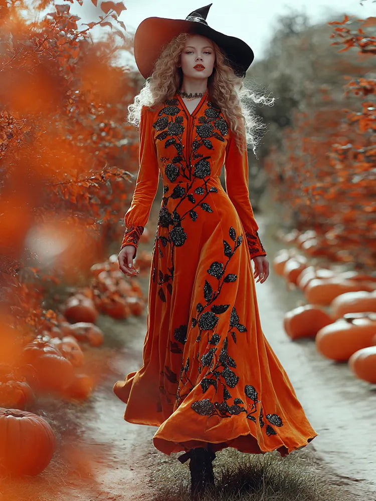 Women's Classic Floral Pumpkin Halloween Art Comfy Velvet Maxi Dress