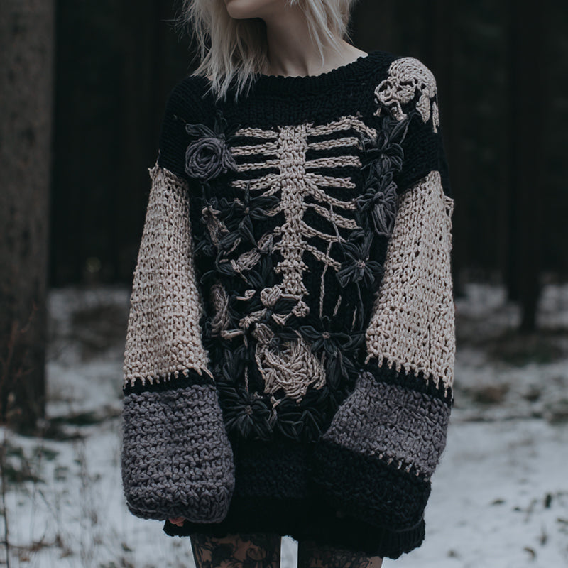 Women's Vintage Halloween Skull Floral Pattern Knit Pullover Sweater