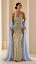 Strapless Beaded Column Evening Gown with Draped Chiffon Shawl