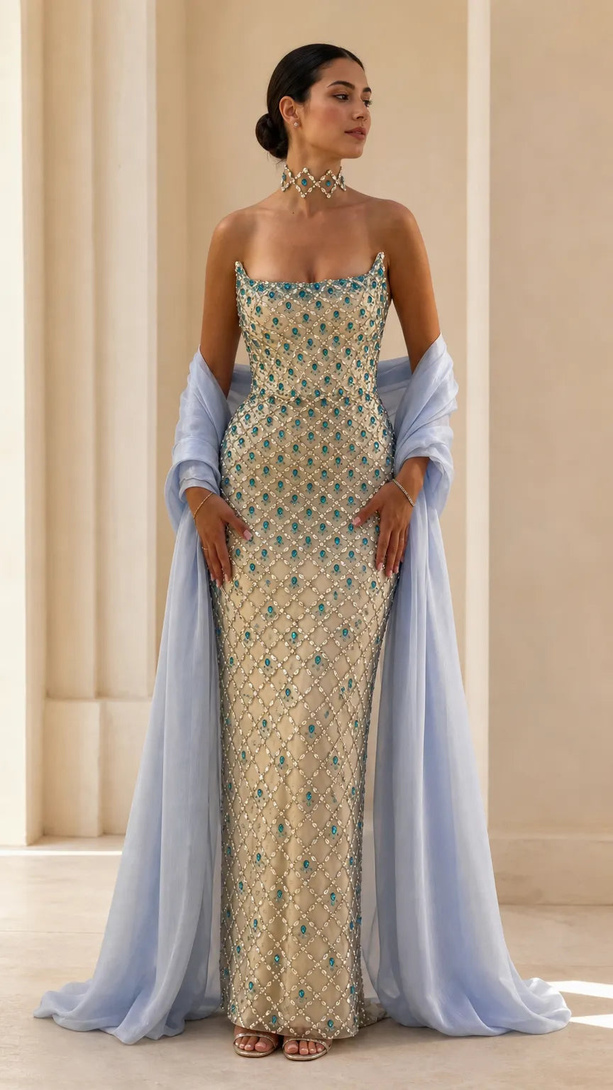 Strapless Beaded Column Evening Gown with Draped Chiffon Shawl