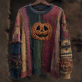 Halloween Spooky Pumpkin Face Embroidered Patchwork Knitted Sweater