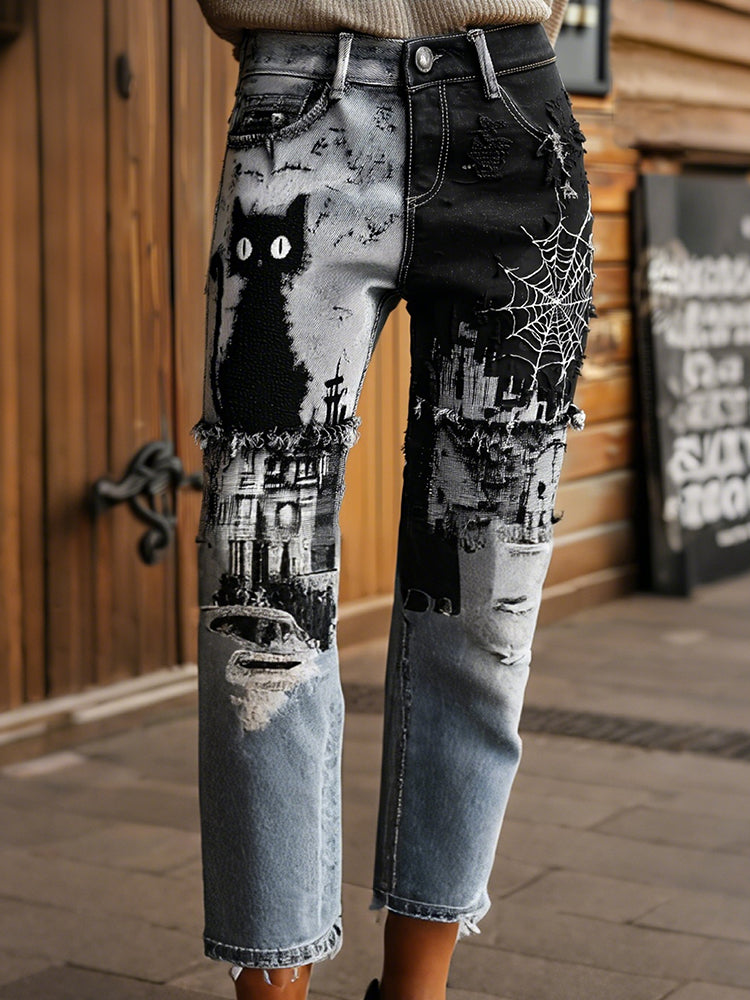Women's Halloween Black Cats And Spider Web Patchwork Design Vintage Washed Jeans