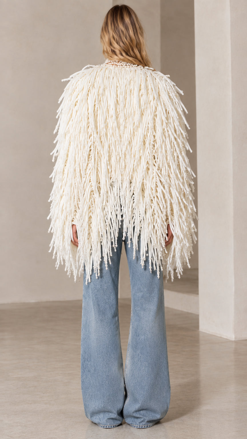 Women's Pearl Embellished Shaggy Fringe Open Front Statement Jacket