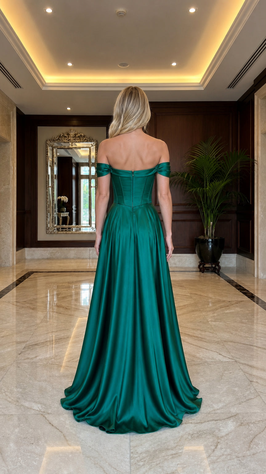Off-The-Shoulder Corset Satin Maxi Dress with High Slit