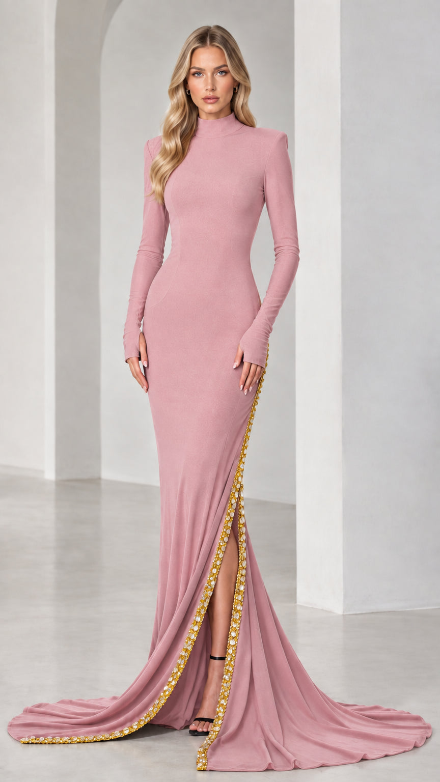 High Neck Long Sleeve Embellished Slit Evening Gown with Train