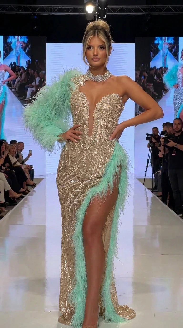 One-Shoulder Feather Trim Sequin Evening Gown with Slit