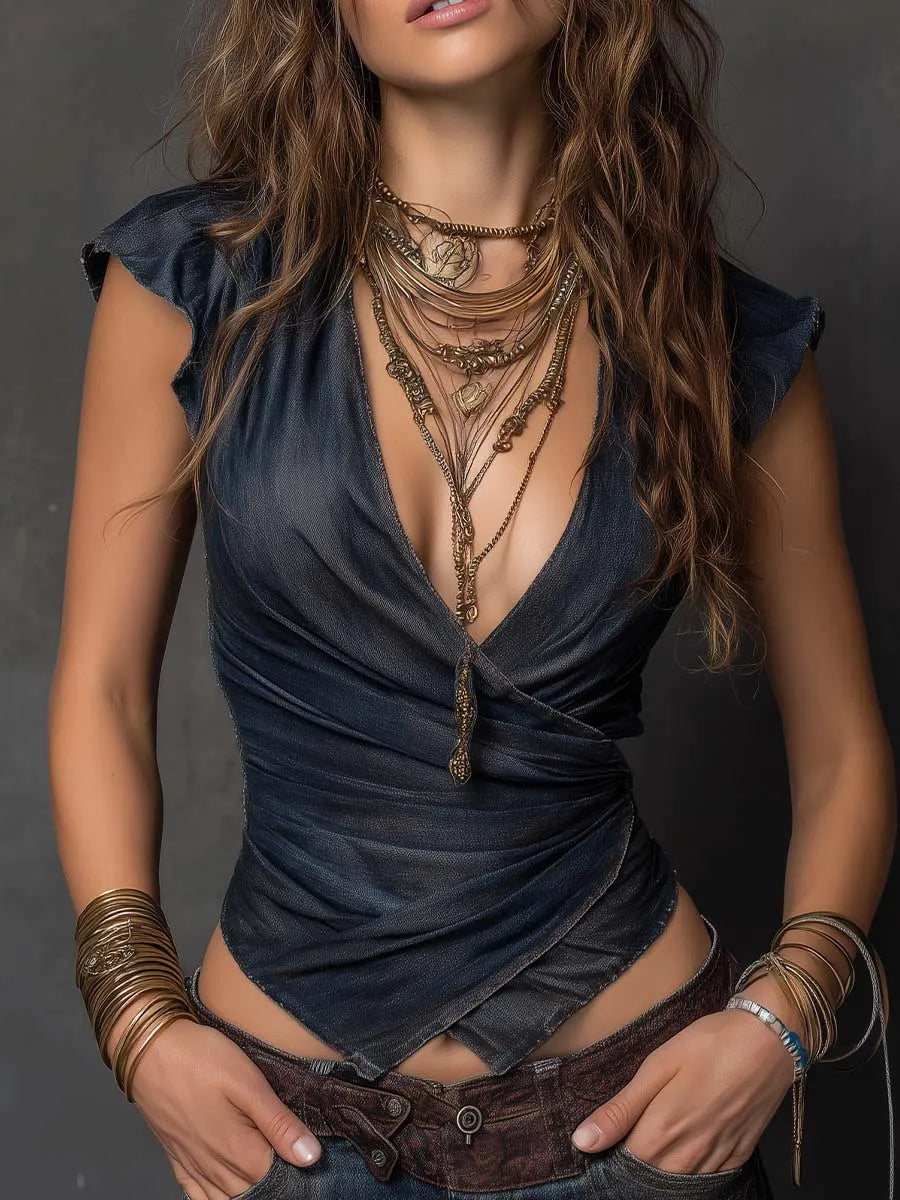 Cap Sleeve Deep V Wrap Ruched Asymmetrical Hem Denim Crop Top