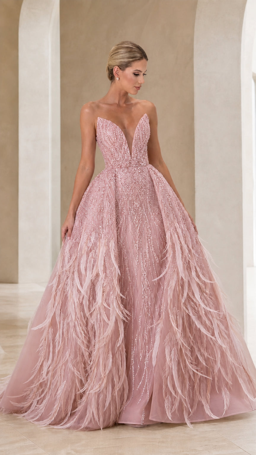 Strapless Plunging V-Neck Beaded Tulle Ball Gown with Feather Accents