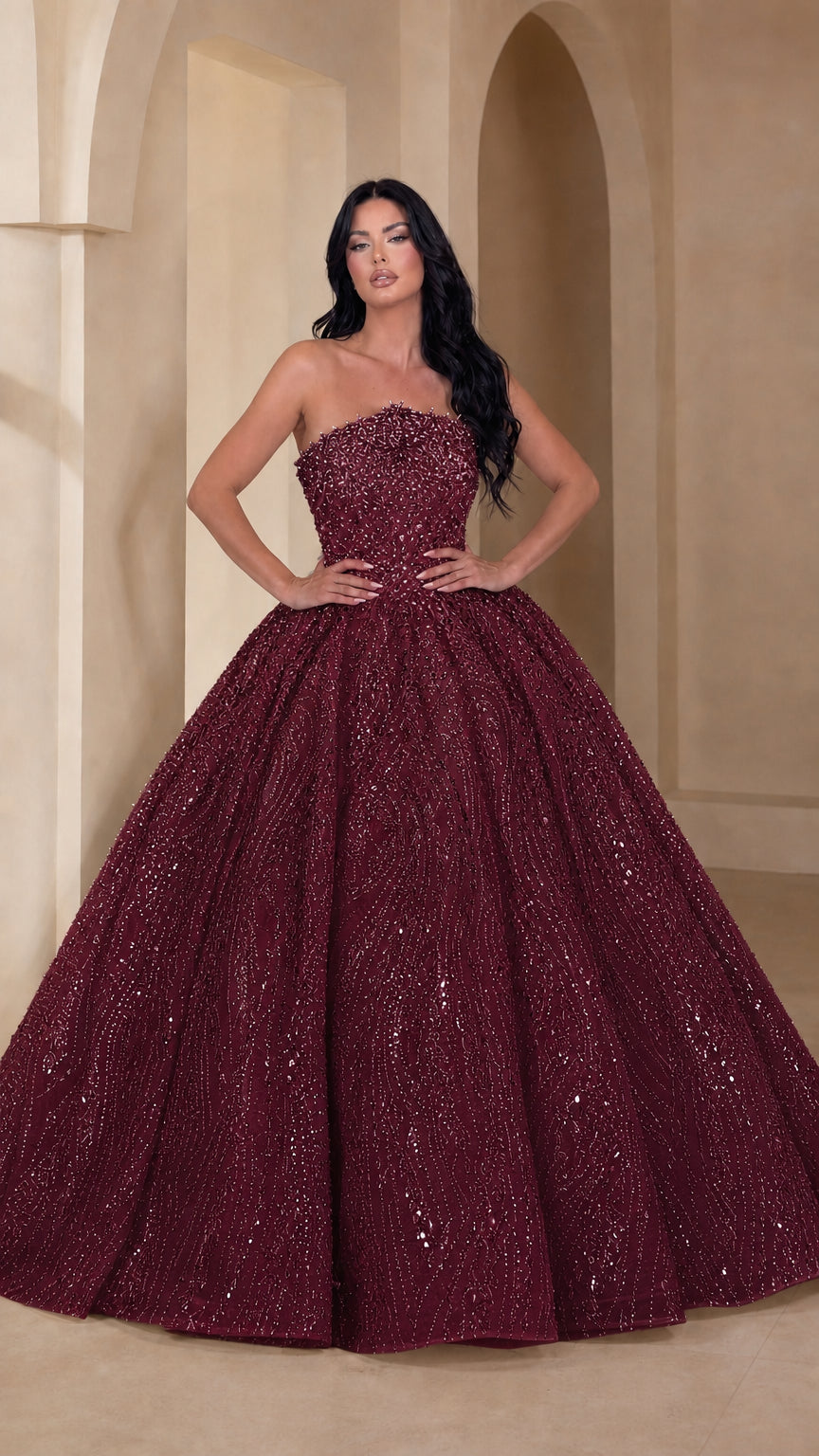 Strapless Glitter Sequin Ball Gown Evening Dress with Embellished Bodice