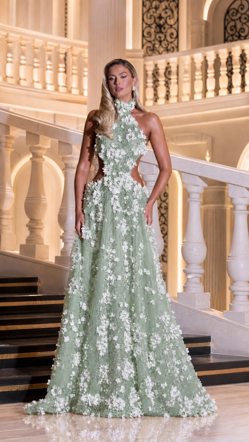 3D Floral Applique Halter Cutout Evening Gown