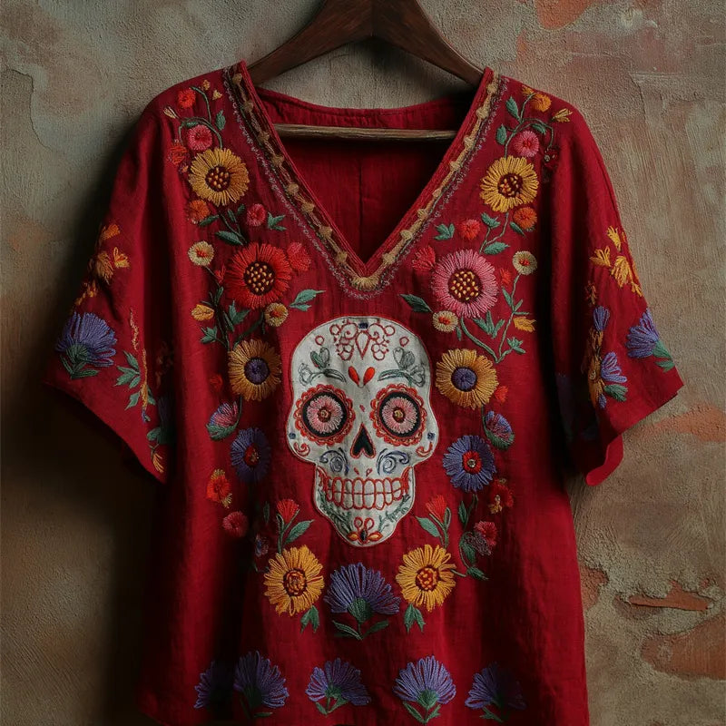 Day Of The Dead Sugar Skulls Floral Embroidered Linen Tunic