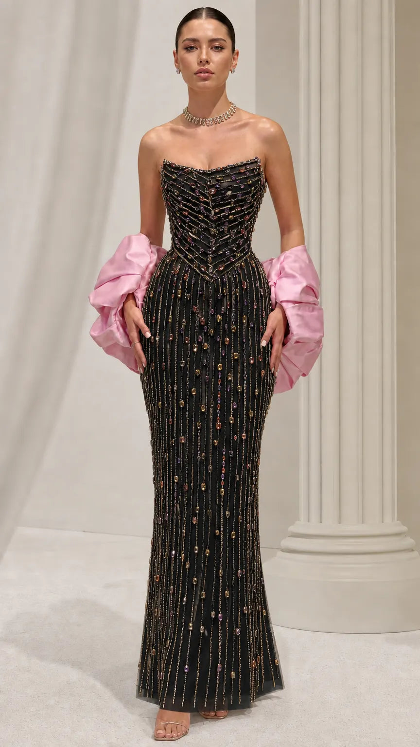 Strapless Beaded Column Evening Gown with Dramatic Puff Sleeves
