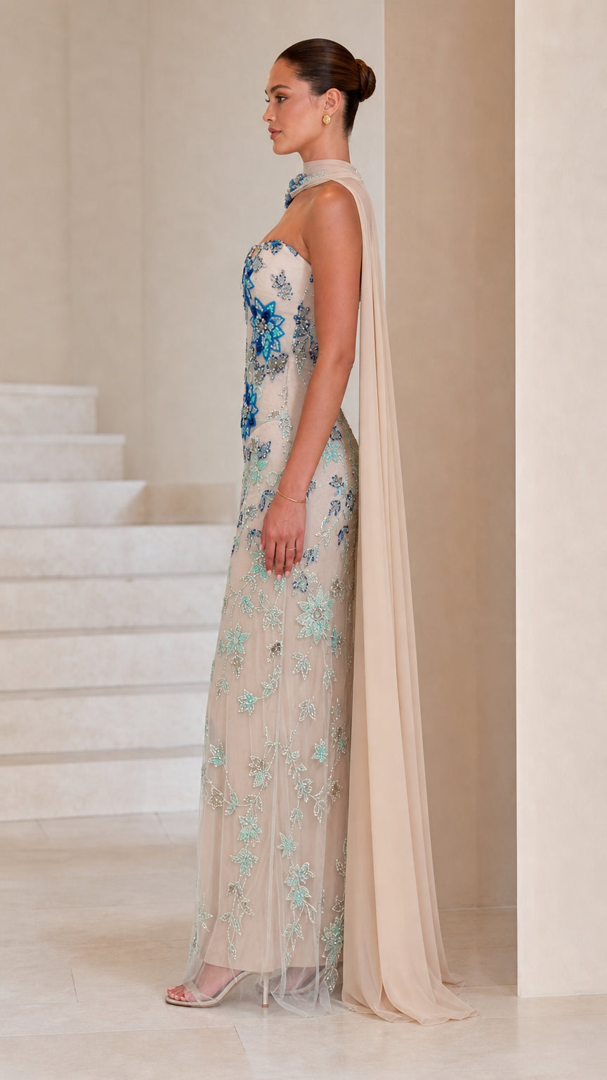 Strapless Beaded Floral Column Evening Gown with Sheer Cape