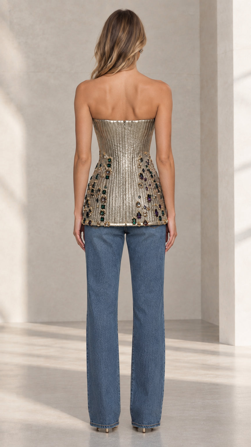 Strapless Metallic Pleated Embellished Corset Top