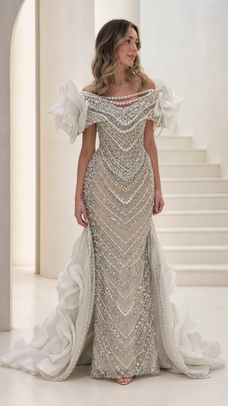 Off-the-Shoulder Pearl Beaded Mermaid Evening Gown with 3D Floral Train