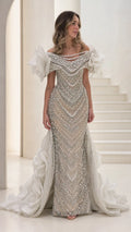 Off-the-Shoulder Pearl Beaded Mermaid Evening Gown with 3D Floral Train