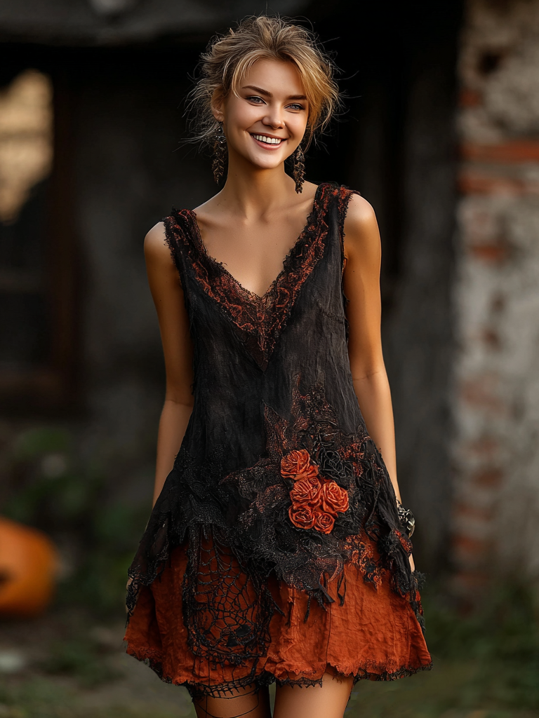 Women's Halloween Spider Web And Rose Embroidered Sleeveless Dress