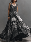 Halloween Gothic Skull Pattern Women's V-neck Long Dress