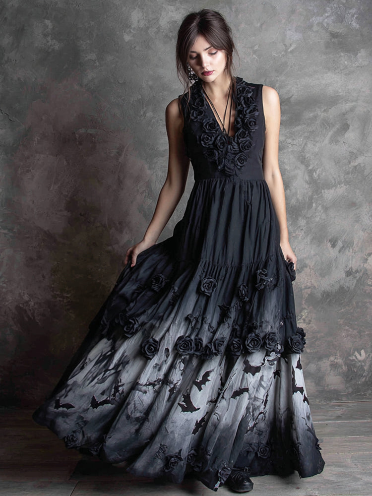 Halloween Bat Floral Gothic Art Women's Vest Flutter Maxi Dress