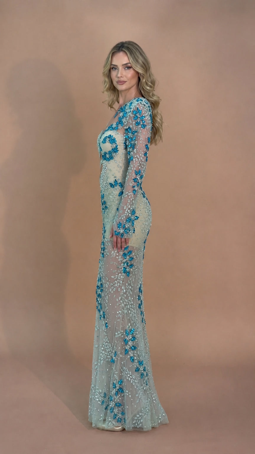 Rhinestone Embellished Illusion Long Sleeve Maxi Gown with Cutout Back