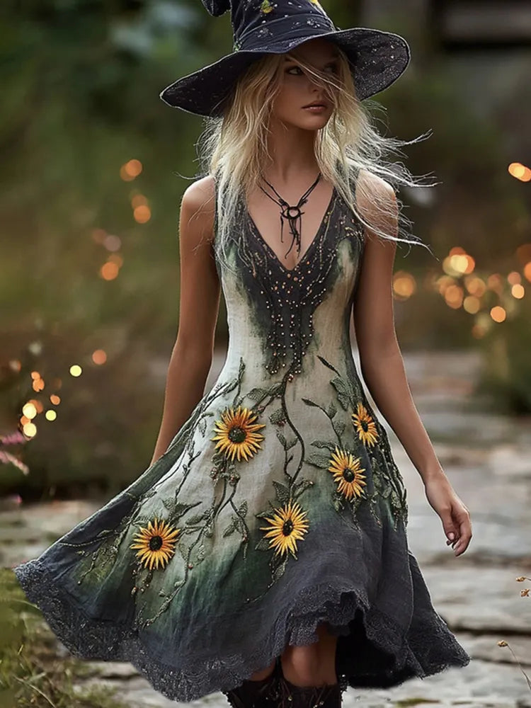 Women's Halloween Gradient Horror Daisy Witch Vest Midi Dress