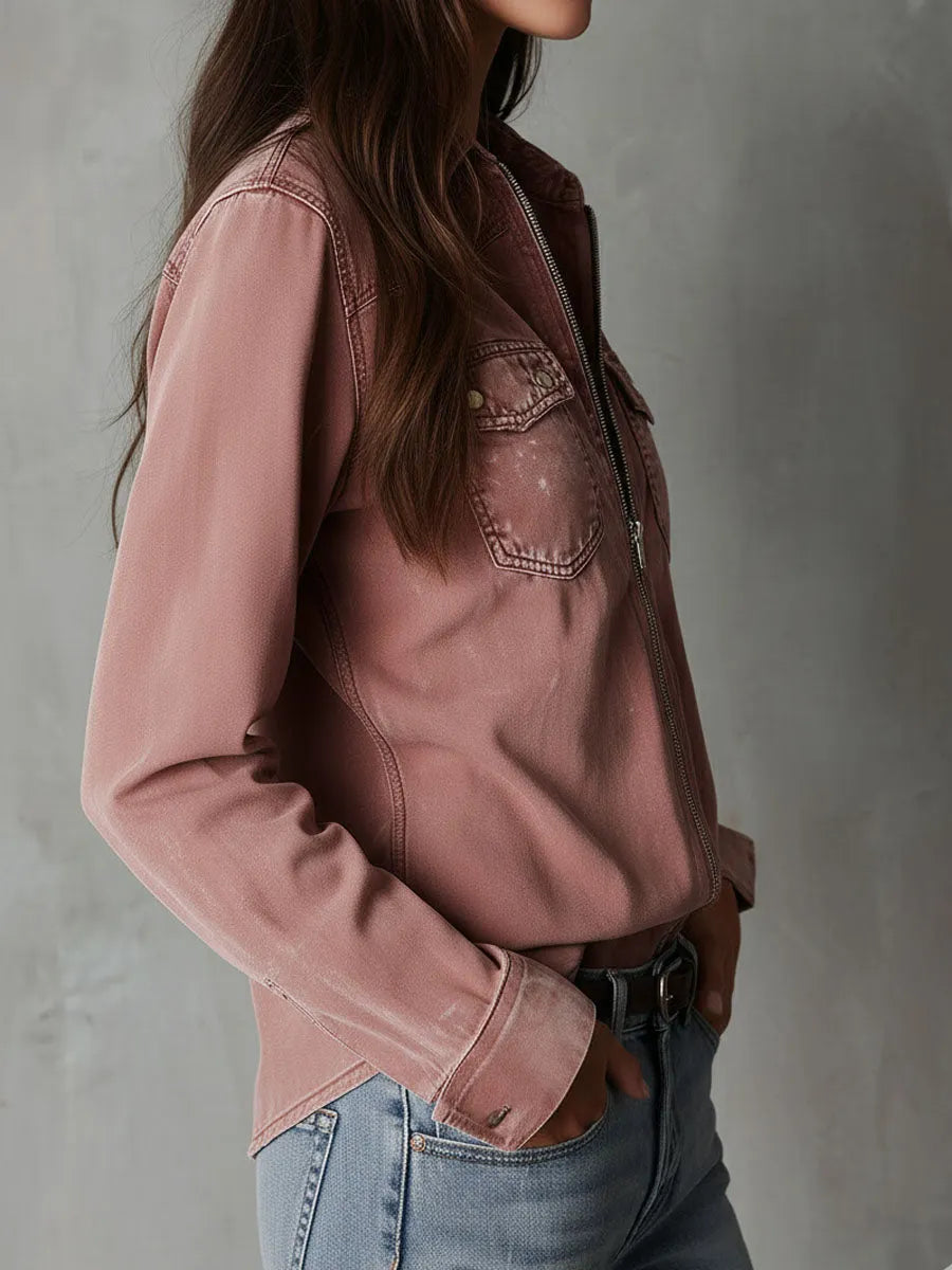 Western Soft Faded Dusty Rose Washed Denim Zip Shirt