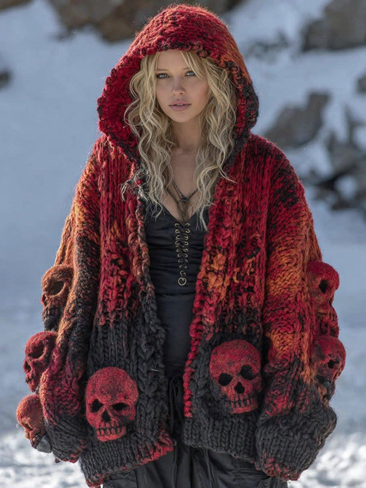 Women's Vintage Viking Tribal Celtic Skull Gradient Art Chunky Knit Hooded Cardigan