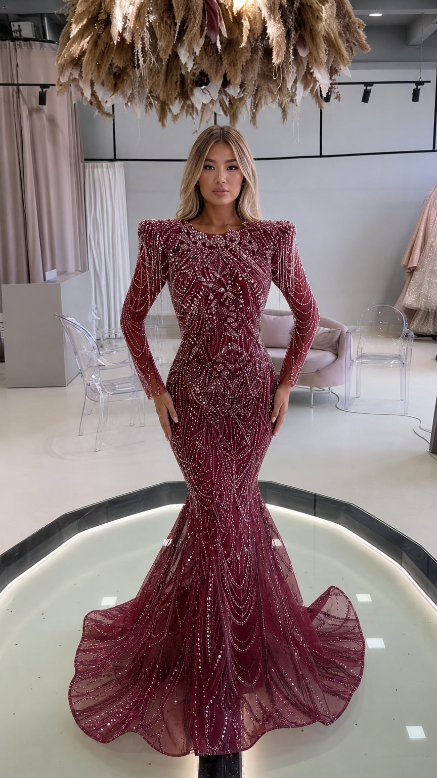 Luxury Beaded Mermaid Evening Gown with Sweep Train