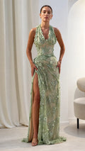 Floral Applique Beaded Halter Evening Gown with High Slit