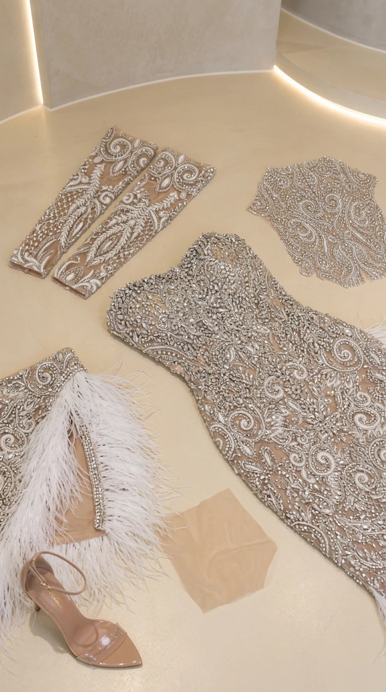 Off-the-Shoulder Beaded Evening Gown with Feather Hem and High Slit