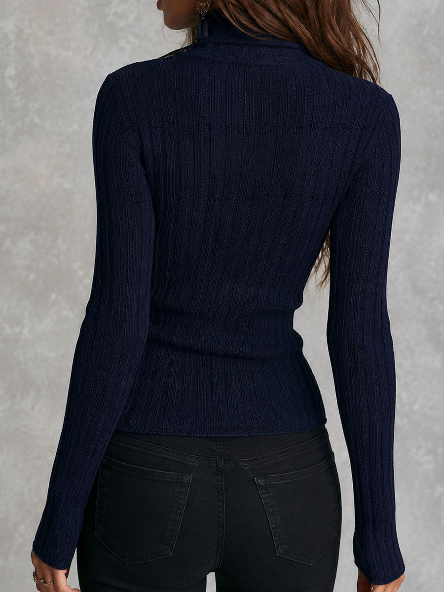 Retro Navy Slim Fit Rib Knit Pullover Half Zip Mock Neck Sweater