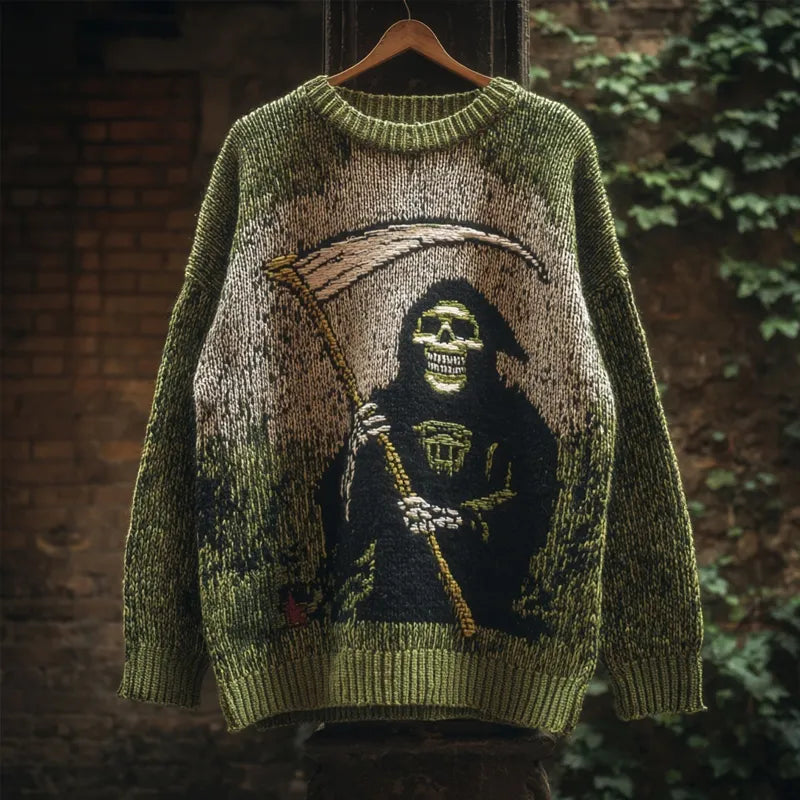 Halloween Spooky Ghoul Embroidered Crew Neck Cozy Knitted Sweater