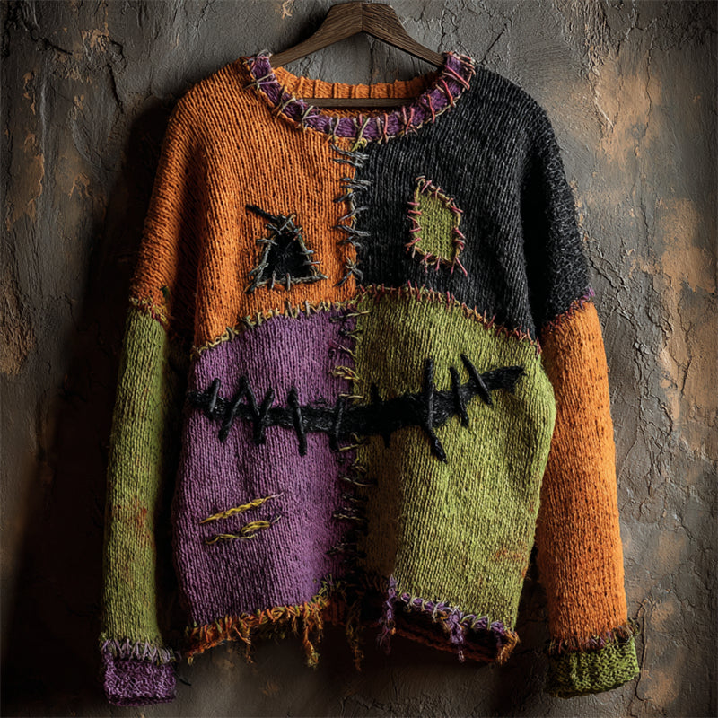 Halloween Spooky Face Colorblock Stitched Cozy Knit Sweater