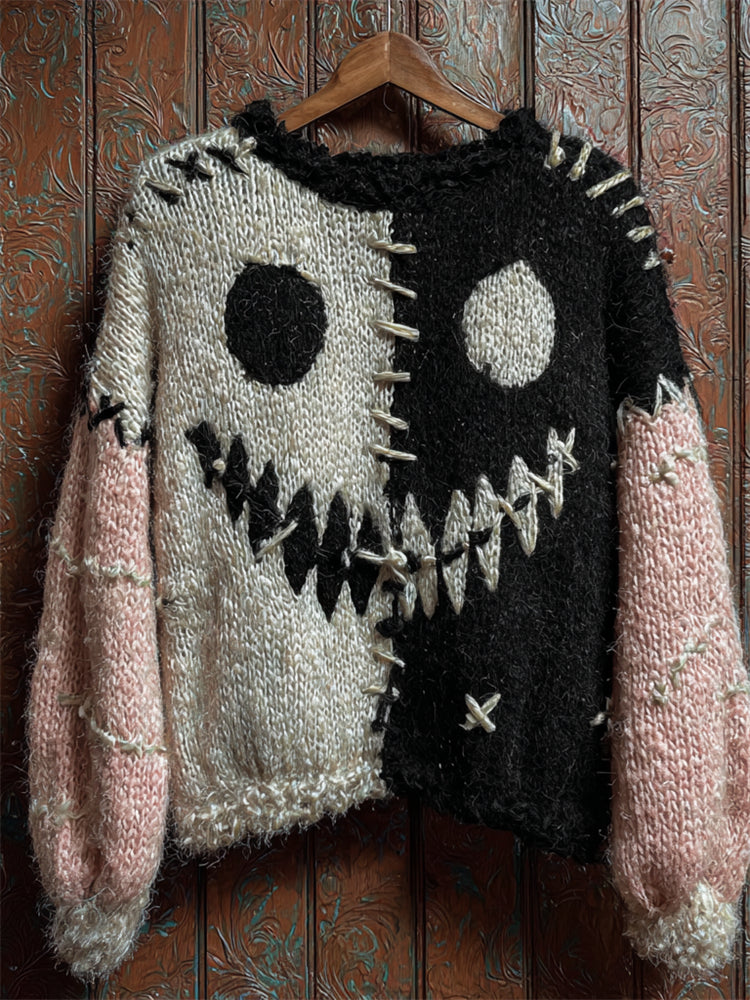 Halloween Spook Faces Contrast Color Stitched Cozy Fuzzy Sweater