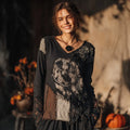 Women's Halloween Smiley Face And Rose Pattern V-neck T-shirt