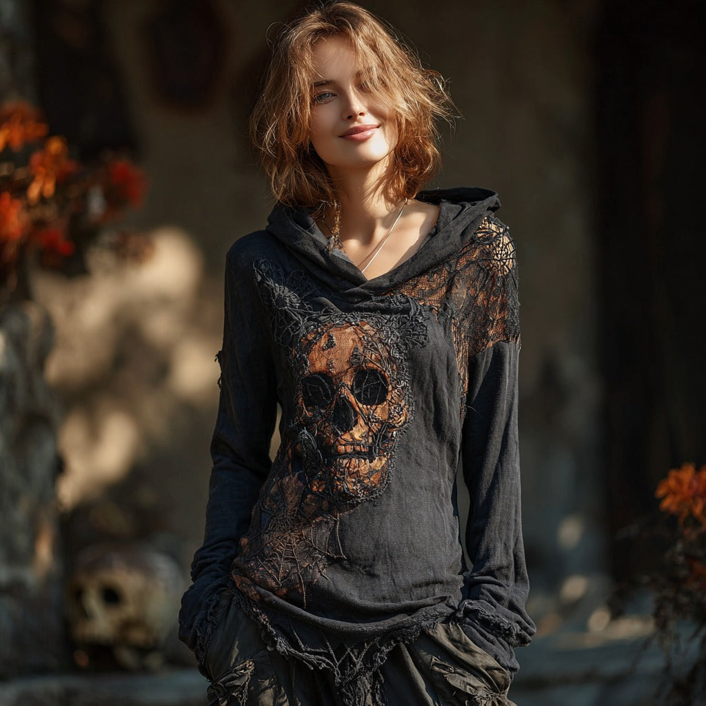 Halloween Dark Skull And Spider Web Pattern Women's Hooded T-shirt