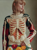 Women's Halloween Skeleton Trunk Art Flower Round Neck Sweater