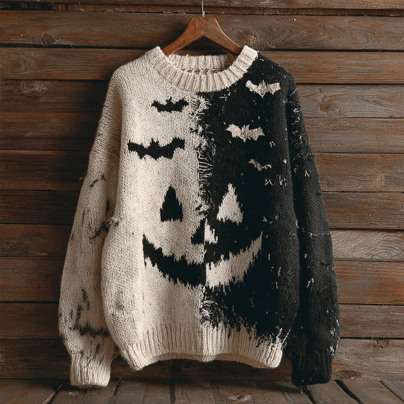 Vintage Halloween Pumpkin Face & Bats Contrast Color Knitted Sweater