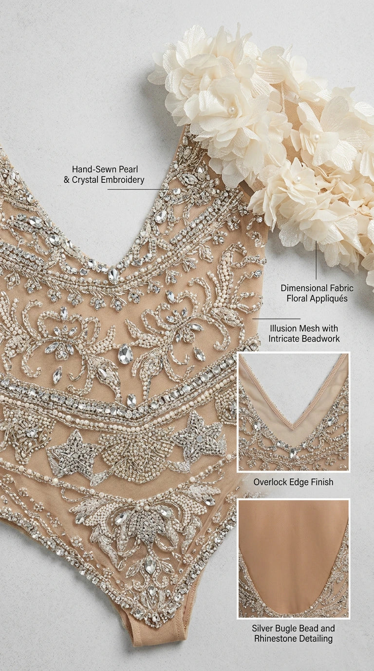 Rhinestone Embellished Bodysuit with 3D Floral Appliqué Cape Set