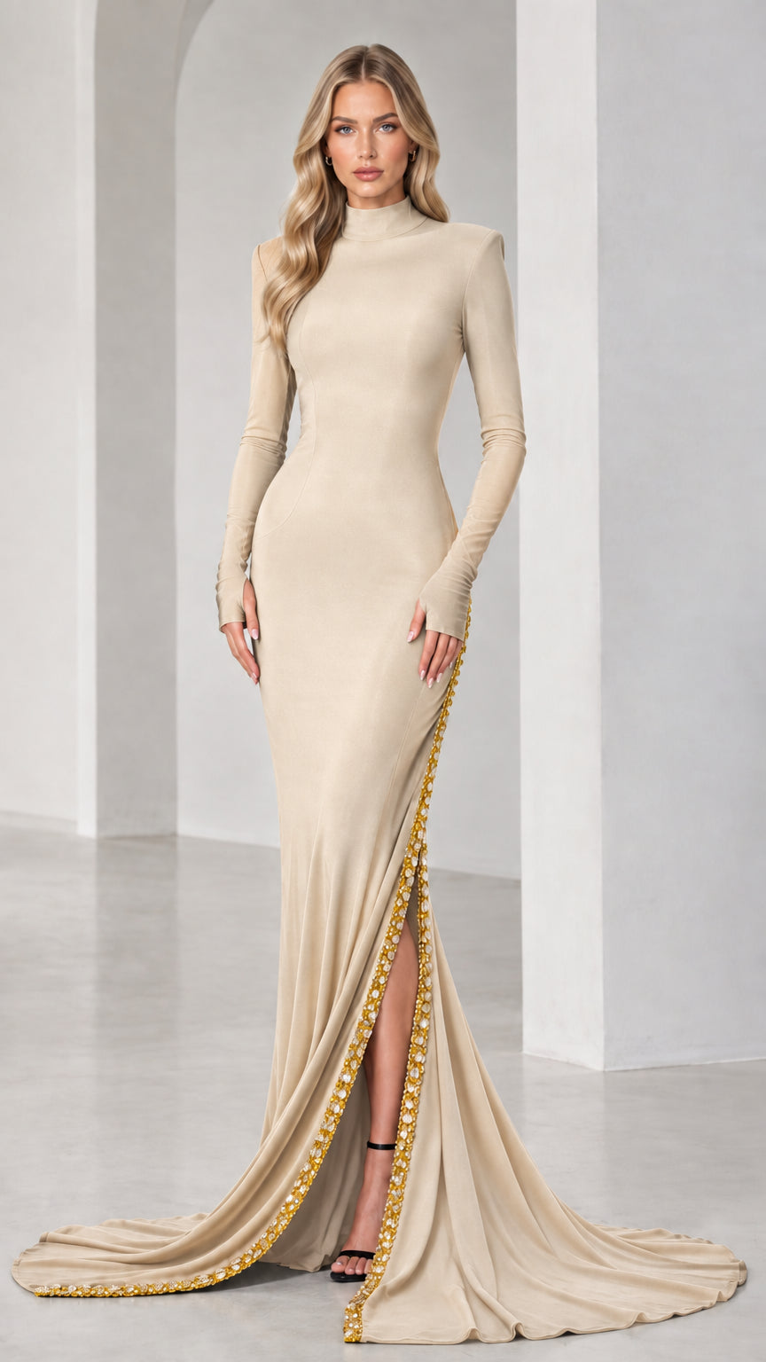 High Neck Long Sleeve Embellished Slit Evening Gown with Train