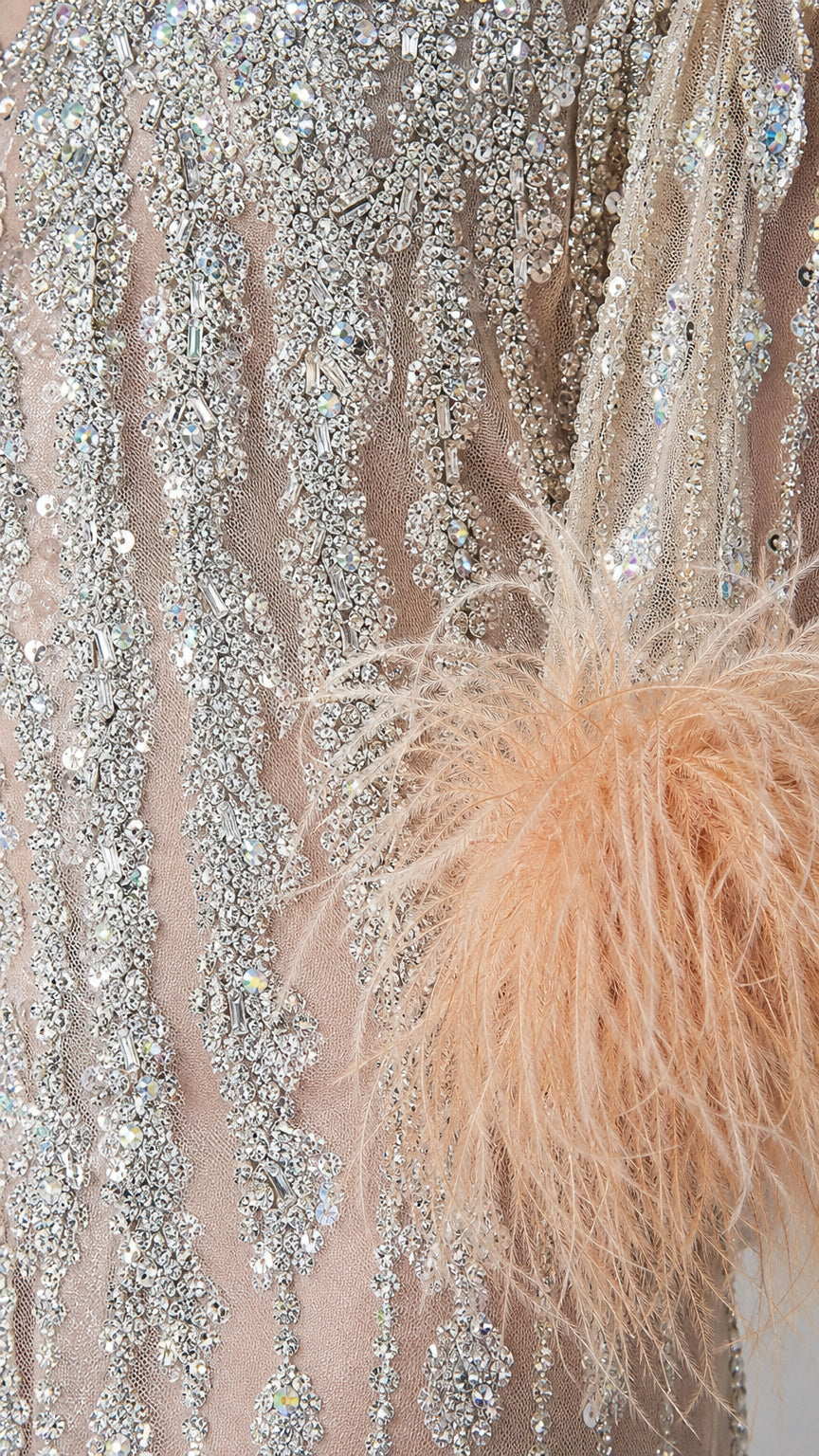 Embellished Cutout Column Gown with Feather Trimmed Cuffs