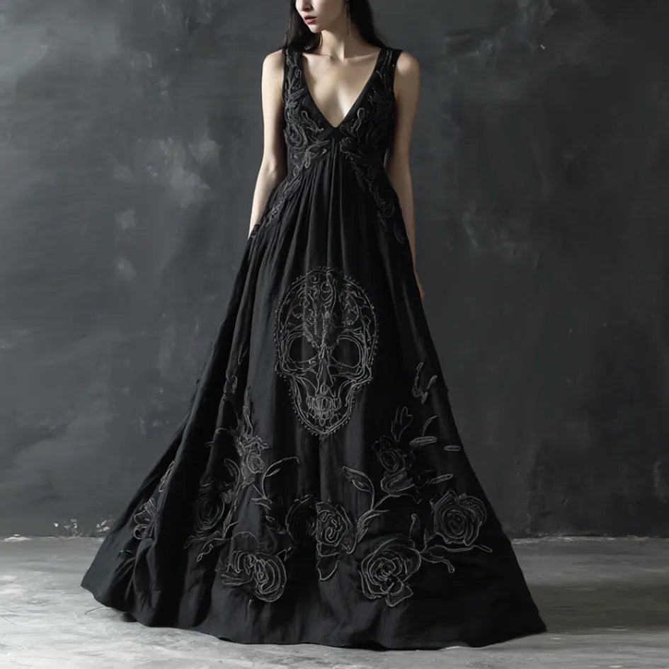 Halloween Gothic Skull Pattern Women's V-neck Long Dress