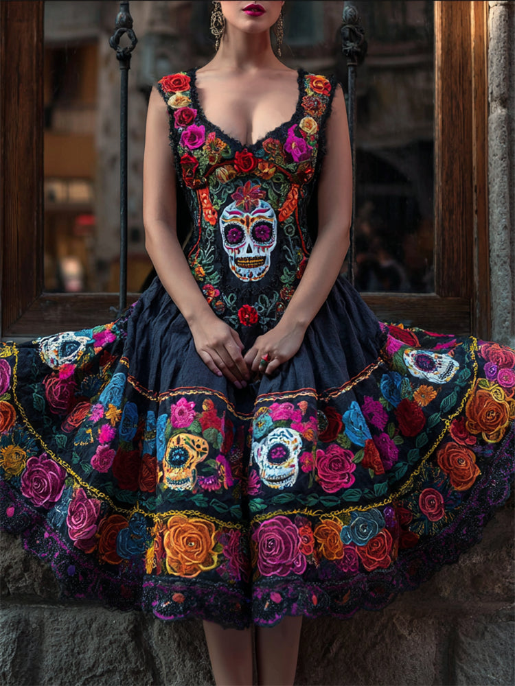Day Of The Dead Sugar Skulls Roses Floral Linen Dress