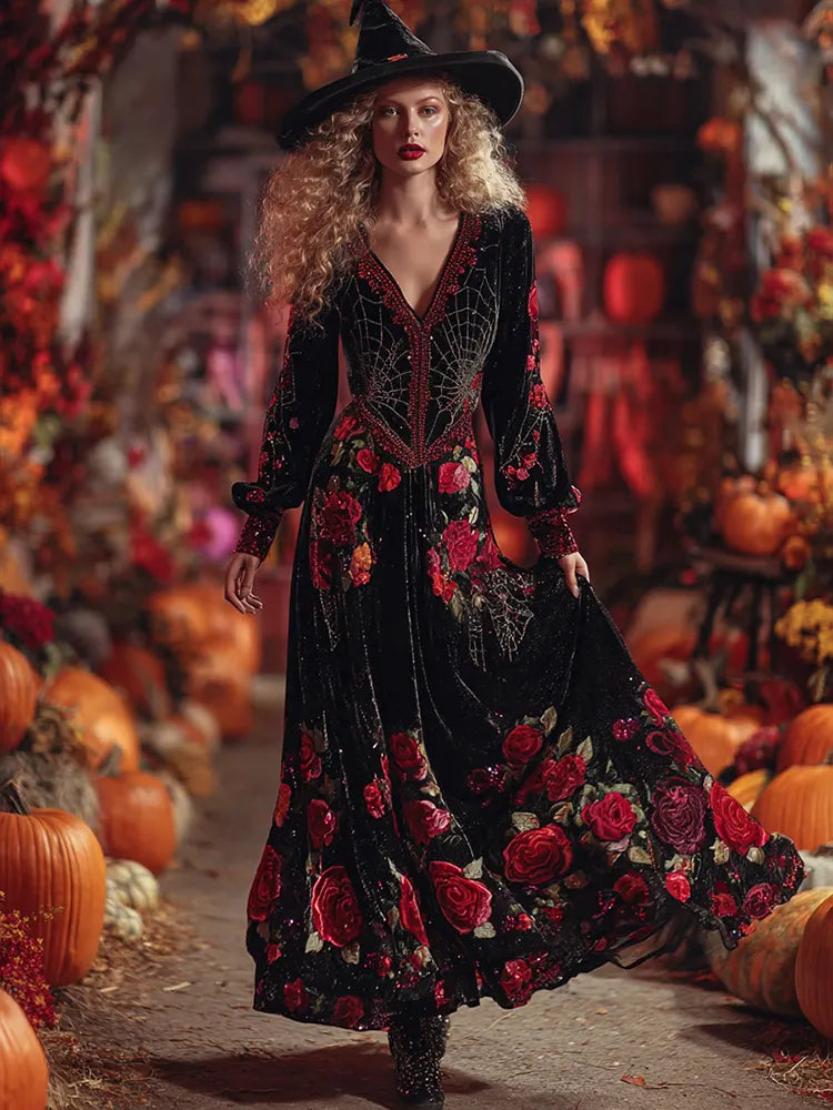 Women's  Classic Halloween Rose And Spider Web Art Comfy Velvet Maxi Dress